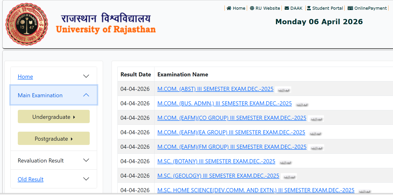 Rajasthan University Result 2026